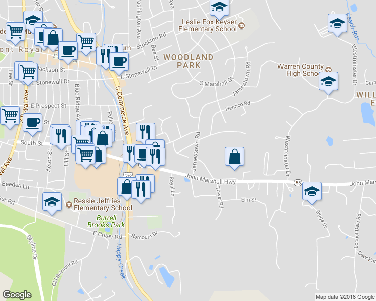 map of restaurants, bars, coffee shops, grocery stores, and more near 9 Gloucester Road in Front Royal