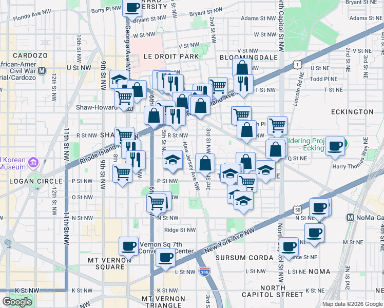 map of restaurants, bars, coffee shops, grocery stores, and more near 101 Independence Avenue Southeast in Washington