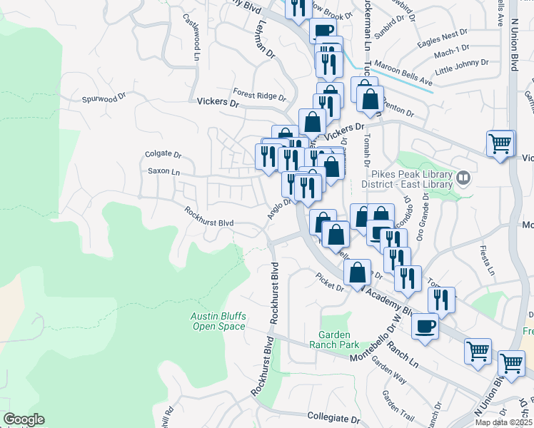 map of restaurants, bars, coffee shops, grocery stores, and more near 1996 Erin Loop in Colorado Springs