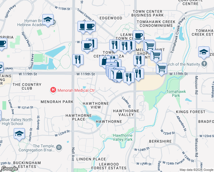 map of restaurants, bars, coffee shops, grocery stores, and more near 12037 Juniper Street in Leawood