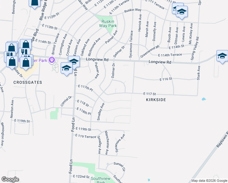 map of restaurants, bars, coffee shops, grocery stores, and more near 7904 East 117 Street in Kansas City