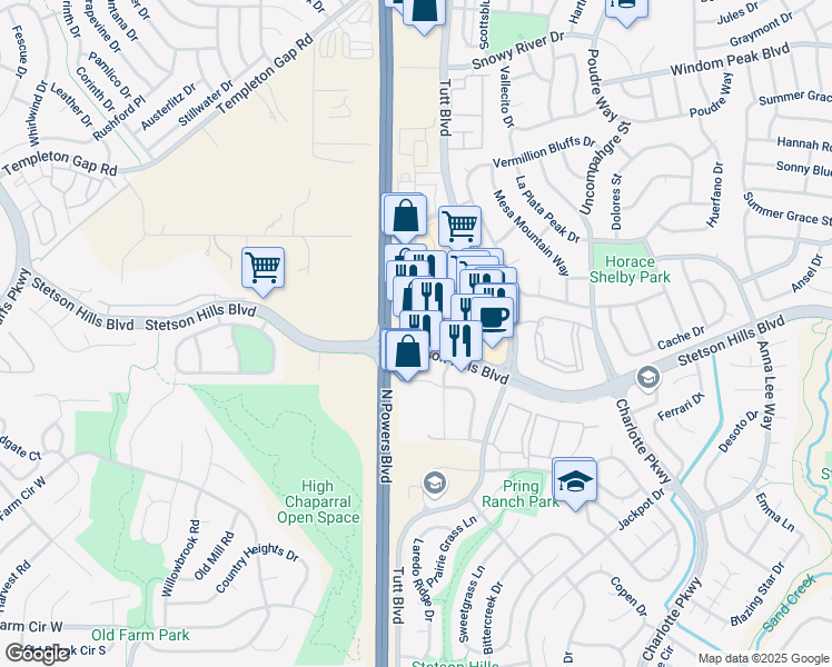 map of restaurants, bars, coffee shops, grocery stores, and more near 5830 Stetson Hills Boulevard in Colorado Springs