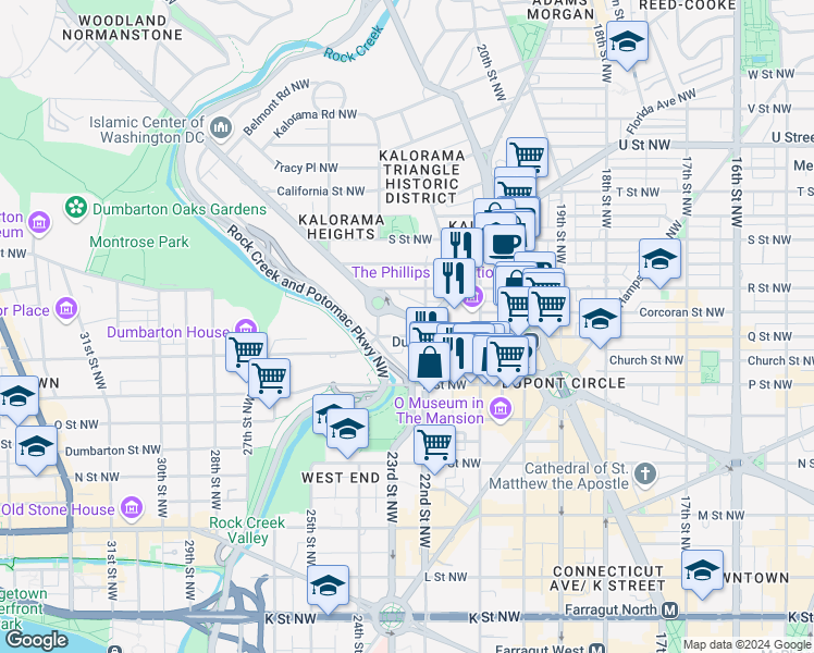 map of restaurants, bars, coffee shops, grocery stores, and more near 2212 Massachusetts Avenue Northwest in Washington