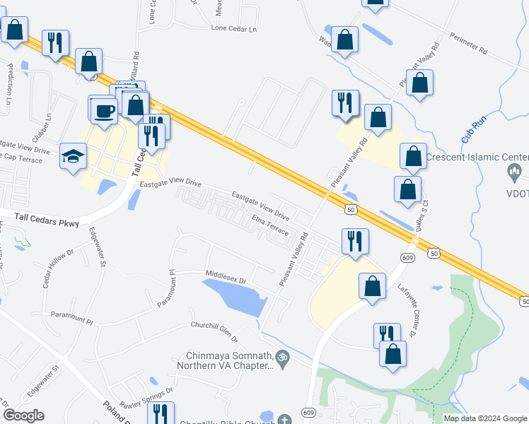 map of restaurants, bars, coffee shops, grocery stores, and more near 44033 Etna Terrace in Chantilly