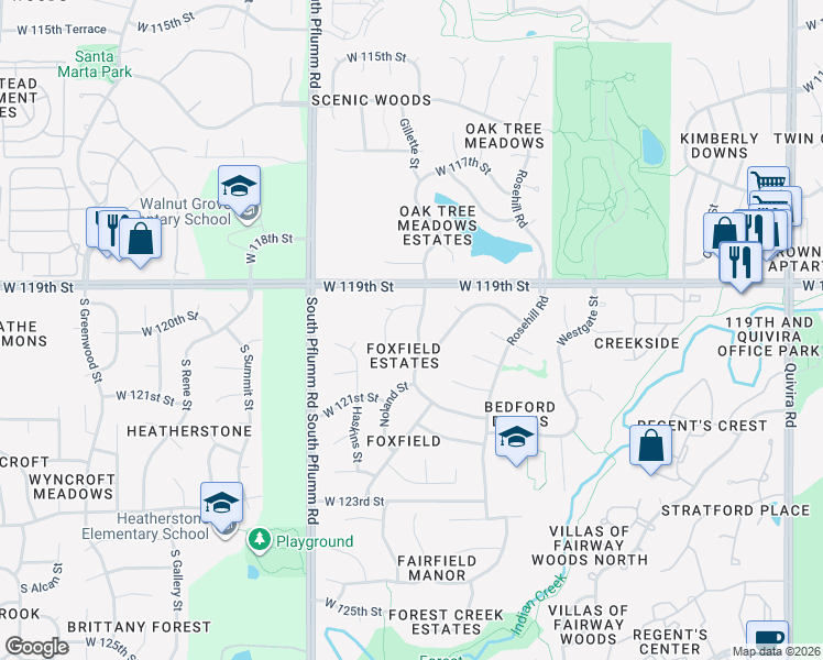 map of restaurants, bars, coffee shops, grocery stores, and more near 11912 Gillette Street in Overland Park