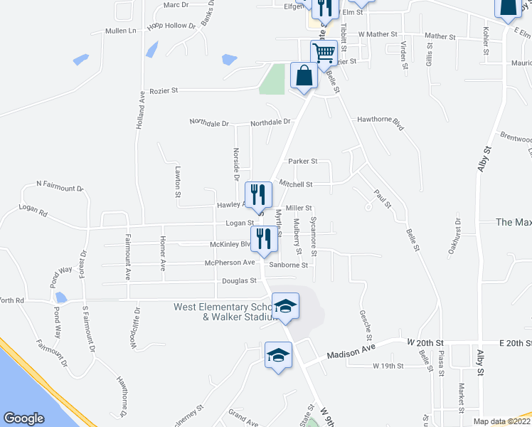 map of restaurants, bars, coffee shops, grocery stores, and more near 2012 State Street in Alton