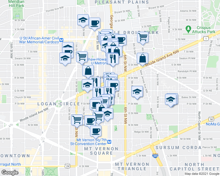 map of restaurants, bars, coffee shops, grocery stores, and more near 1606 7th Street Northwest in Washington