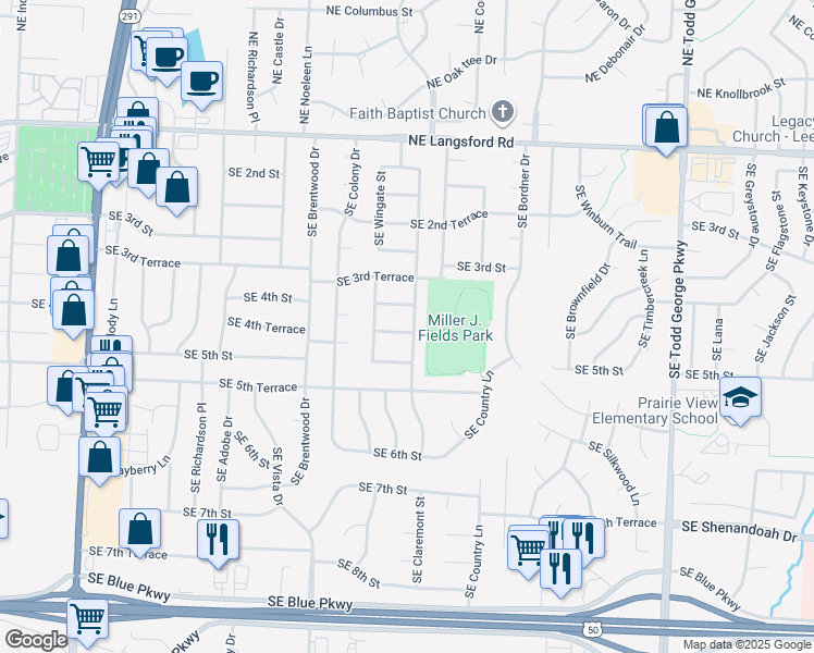 map of restaurants, bars, coffee shops, grocery stores, and more near 1214 Southeast 4th Terrace in Lee's Summit