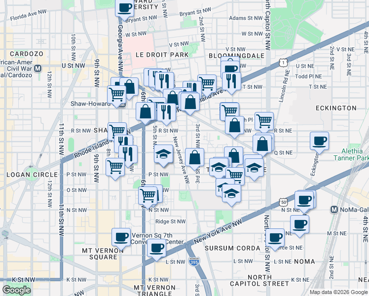 map of restaurants, bars, coffee shops, grocery stores, and more near 101 Independence Avenue Southeast in Washington