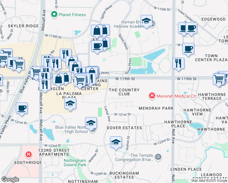 map of restaurants, bars, coffee shops, grocery stores, and more near 11909 Lamar Avenue in Overland Park