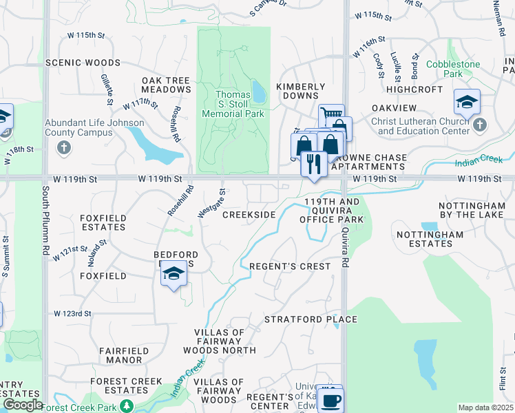 map of restaurants, bars, coffee shops, grocery stores, and more near 12401 West 119th Place in Overland Park