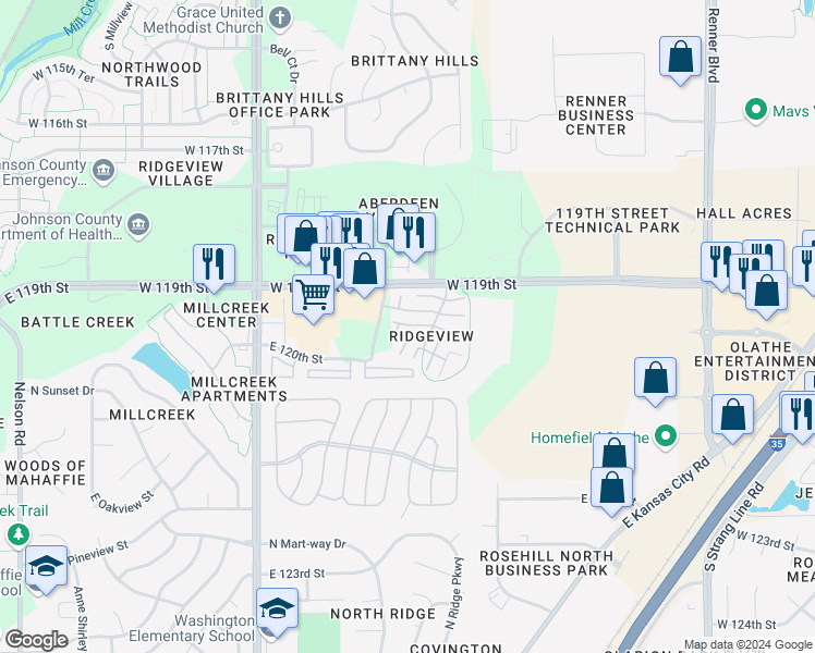 map of restaurants, bars, coffee shops, grocery stores, and more near North Lennox Street in Olathe