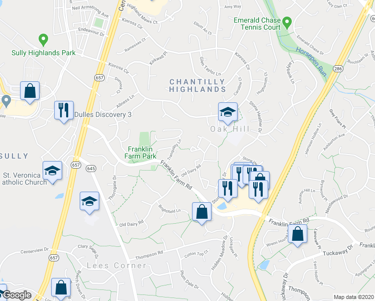 map of restaurants, bars, coffee shops, grocery stores, and more near 13477 Higgs Court in Herndon