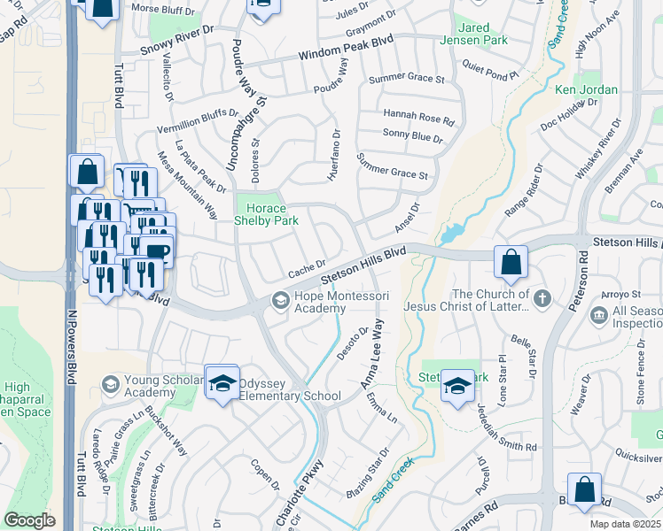 map of restaurants, bars, coffee shops, grocery stores, and more near 6549 Cache Drive in Colorado Springs