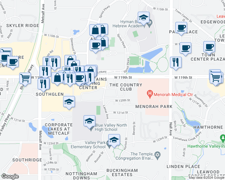 map of restaurants, bars, coffee shops, grocery stores, and more near 11909 Lamar Avenue in Leawood