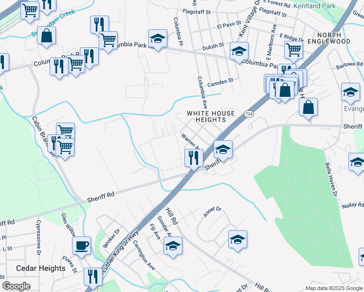 map of restaurants, bars, coffee shops, grocery stores, and more near 1502 East Washington Avenue in Hyattsville