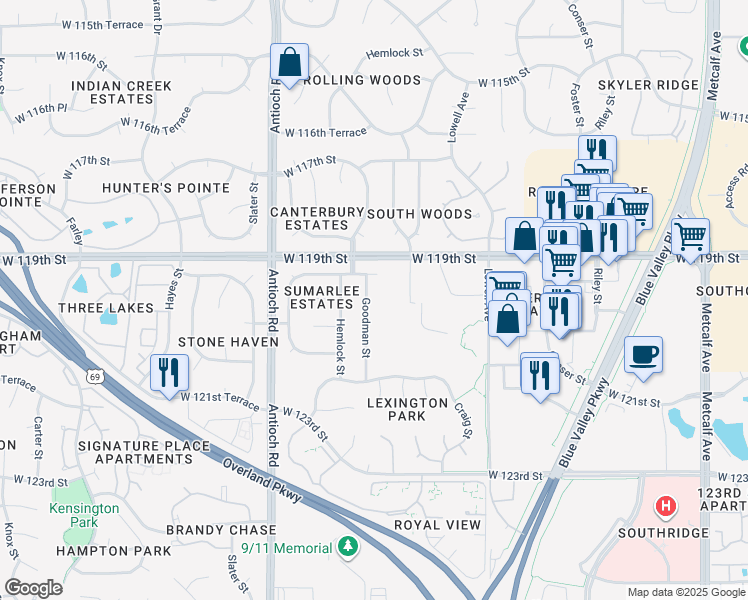map of restaurants, bars, coffee shops, grocery stores, and more near 11939 Goodman Street in Overland Park