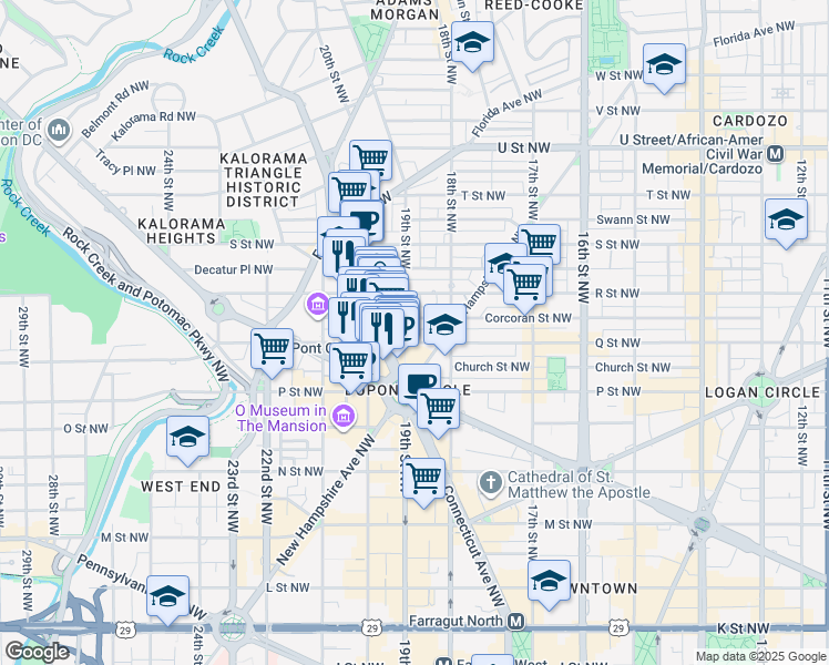 map of restaurants, bars, coffee shops, grocery stores, and more near 1605 19th Street Northwest in Washington