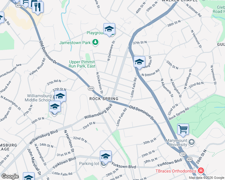 map of restaurants, bars, coffee shops, grocery stores, and more near 4851 Williamsburg Boulevard in Arlington