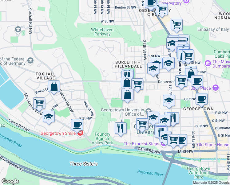 map of restaurants, bars, coffee shops, grocery stores, and more near 3900 Reservoir Road Northwest in Washington