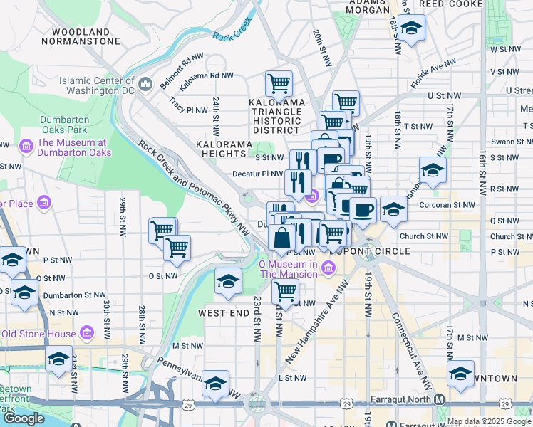 map of restaurants, bars, coffee shops, grocery stores, and more near 2212 Massachusetts Avenue Northwest in Washington