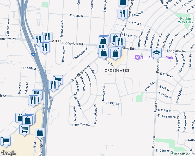 map of restaurants, bars, coffee shops, grocery stores, and more near 11707 Fuller Avenue in Kansas City