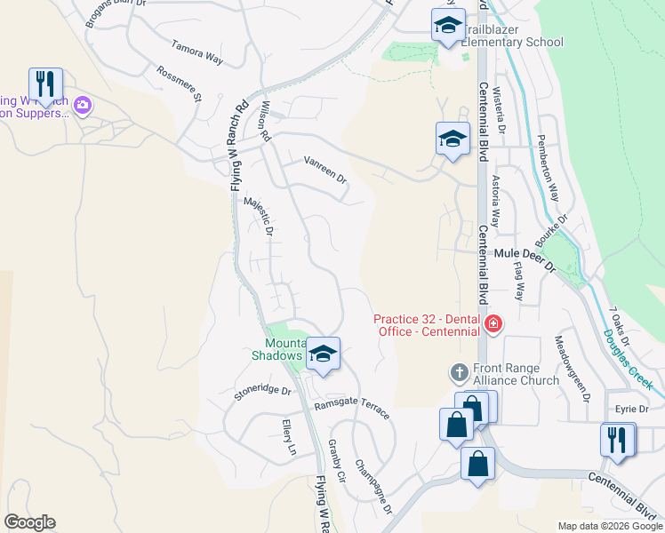 map of restaurants, bars, coffee shops, grocery stores, and more near 5525 Wilson Road in Colorado Springs