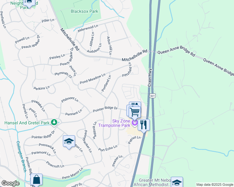 map of restaurants, bars, coffee shops, grocery stores, and more near 1513 Pickford Lane in Bowie