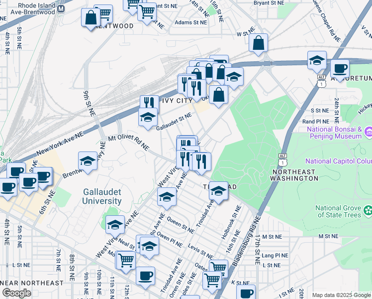 map of restaurants, bars, coffee shops, grocery stores, and more near 1845 Capitol Avenue Northeast in Washington