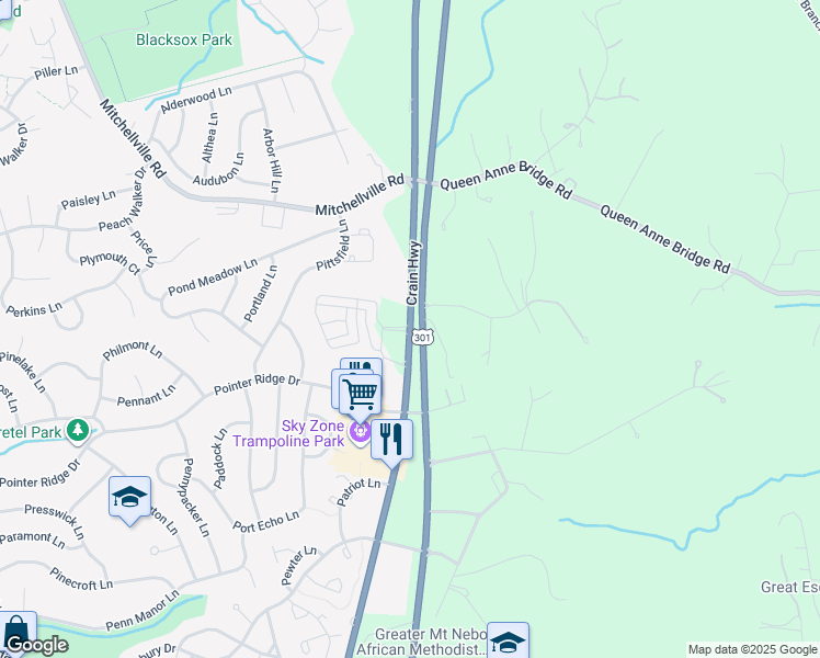 map of restaurants, bars, coffee shops, grocery stores, and more near 1652 Blue Star Memorial Highway in Bowie