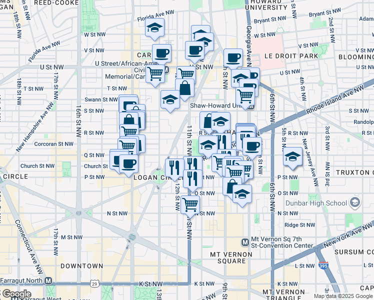 map of restaurants, bars, coffee shops, grocery stores, and more near 1610 11th Street Northwest in Washington