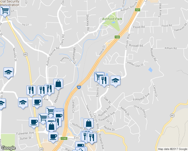 map of restaurants, bars, coffee shops, grocery stores, and more near 130 Sunset Drive in Auburn