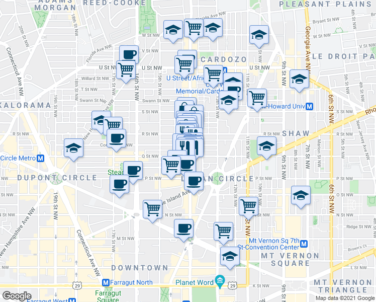 map of restaurants, bars, coffee shops, grocery stores, and more near 1608 14th St NW in Washington