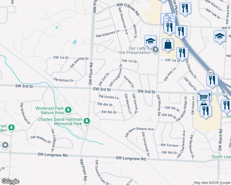 map of restaurants, bars, coffee shops, grocery stores, and more near 1903 Southwest 3rd Street in Lee's Summit