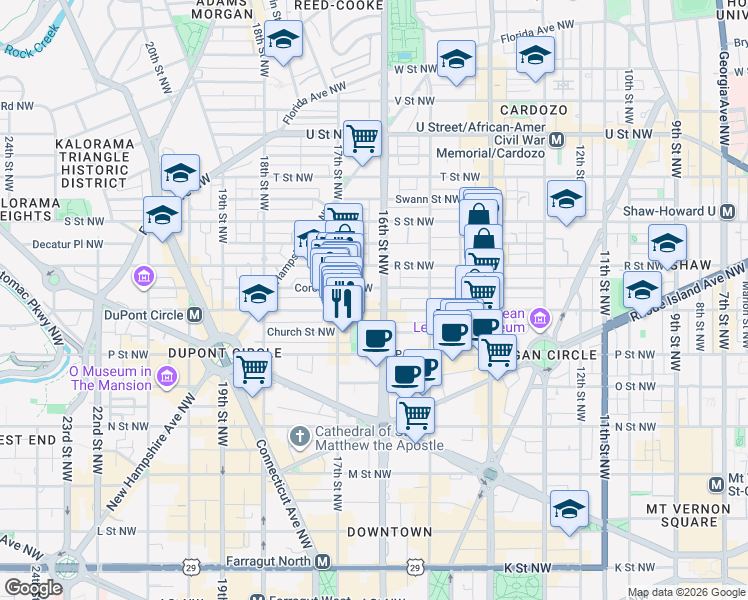 map of restaurants, bars, coffee shops, grocery stores, and more near 1610 16th Street Northwest in Washington