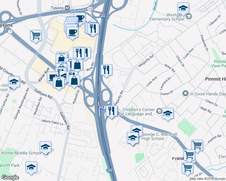 map of restaurants, bars, coffee shops, grocery stores, and more near 2010 Corporate Ridge in McLean