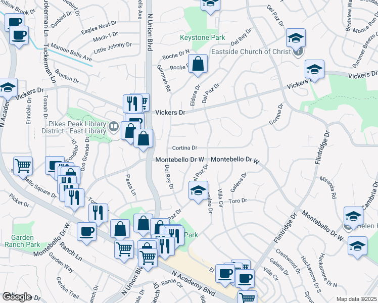 map of restaurants, bars, coffee shops, grocery stores, and more near 3015 Cortina Drive in Colorado Springs