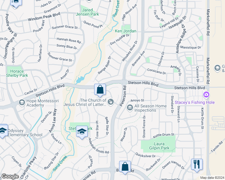 map of restaurants, bars, coffee shops, grocery stores, and more near 7223 Withers Place in Colorado Springs