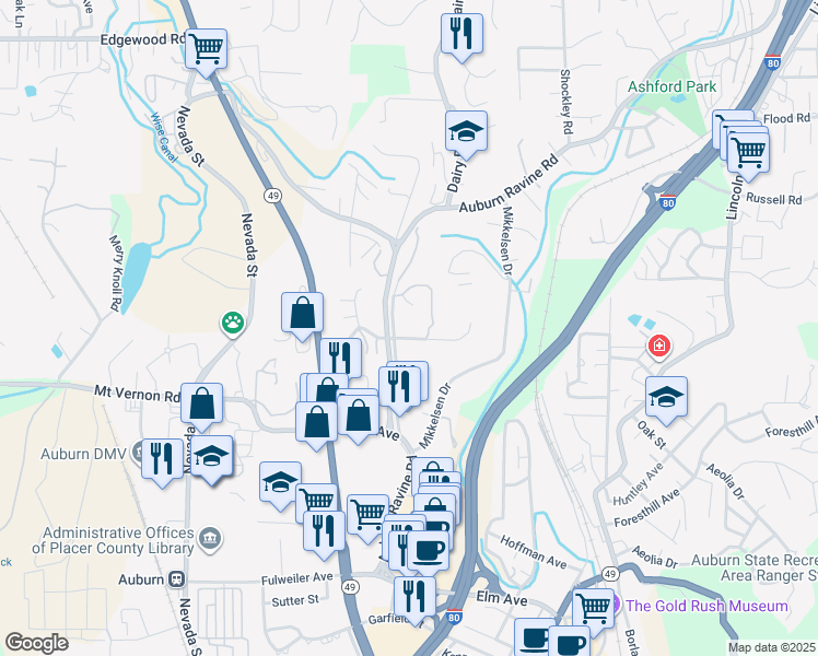 map of restaurants, bars, coffee shops, grocery stores, and more near 740 Auburn Ravine Road in Auburn