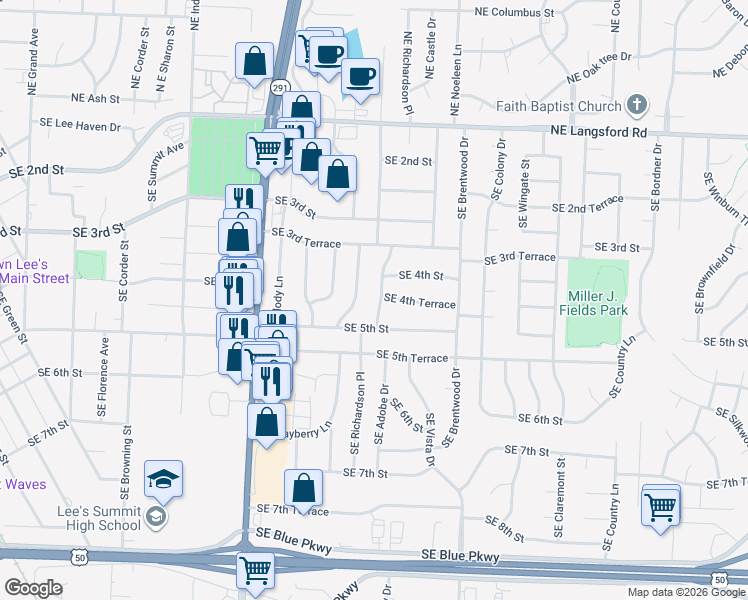 map of restaurants, bars, coffee shops, grocery stores, and more near 406 Southeast Richardson Place in Lee's Summit
