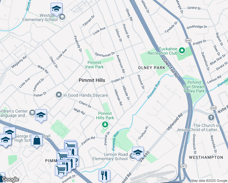 map of restaurants, bars, coffee shops, grocery stores, and more near 1938 Hileman Road in Falls Church