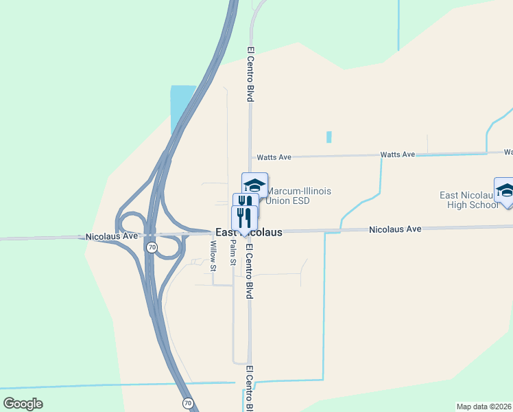 map of restaurants, bars, coffee shops, grocery stores, and more near 2452 El Centro Boulevard in Nicolaus