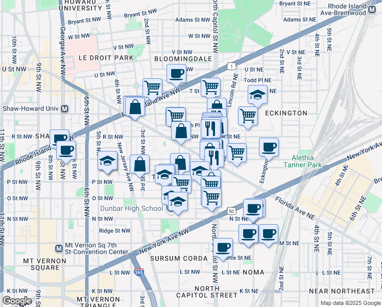 map of restaurants, bars, coffee shops, grocery stores, and more near 38 Florida Avenue Northeast in Washington