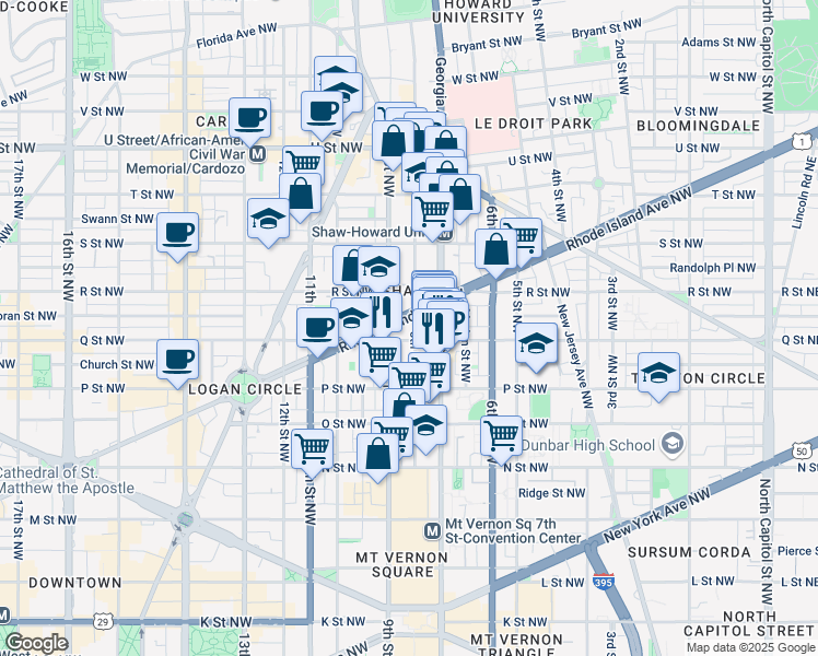 map of restaurants, bars, coffee shops, grocery stores, and more near 1610 8th Street Northwest in Washington