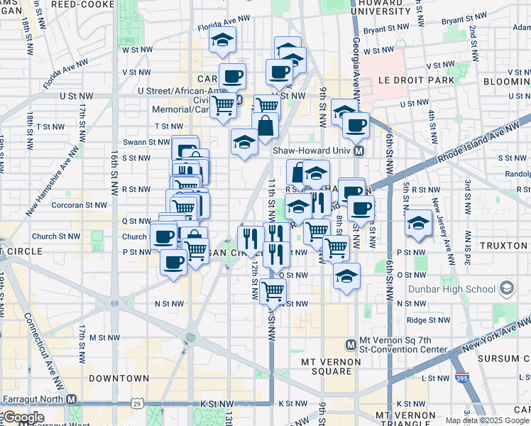 map of restaurants, bars, coffee shops, grocery stores, and more near 1610 11th Street Northwest in Washington