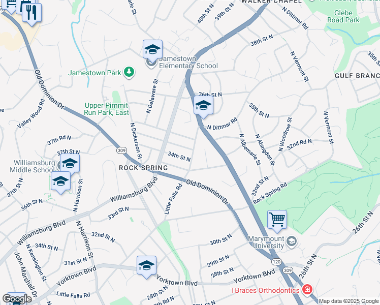 map of restaurants, bars, coffee shops, grocery stores, and more near 4900 34th Road North in Arlington