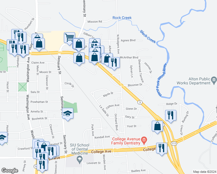 map of restaurants, bars, coffee shops, grocery stores, and more near 3226 Charlotte Court in Alton