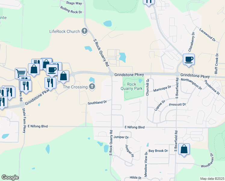 map of restaurants, bars, coffee shops, grocery stores, and more near 3452 Rock Quarry Road in Columbia