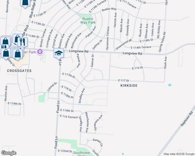 map of restaurants, bars, coffee shops, grocery stores, and more near 7904 East 117 Street in Kansas City