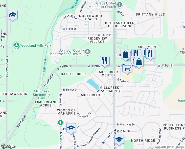 map of restaurants, bars, coffee shops, grocery stores, and more near 1725 North Ridgeview Road in Olathe